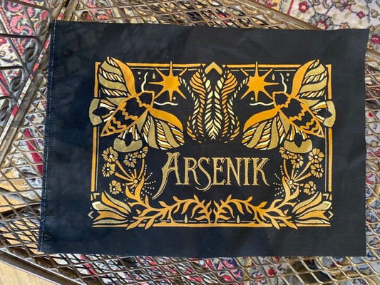 Arsenik moths design on black fabric backpatch
