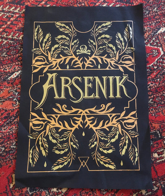 Arsenik logo on a black backpatch