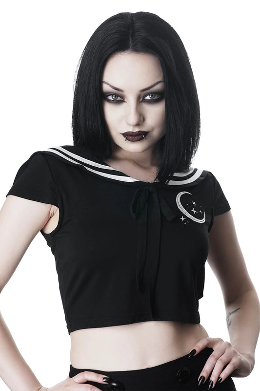 Anri crop top from Killstar, worn by a model. Front