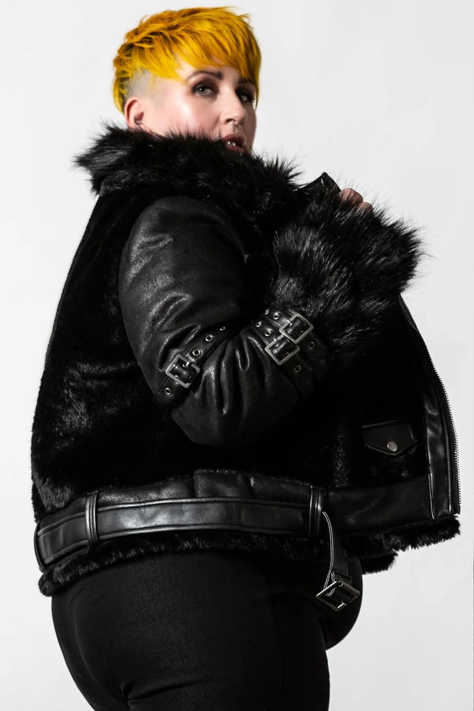 Alchemy aviator jacket in plus size worn by a model, sideview