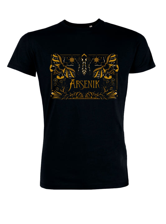 Arsenik Butik logo merch on a black t-shirt