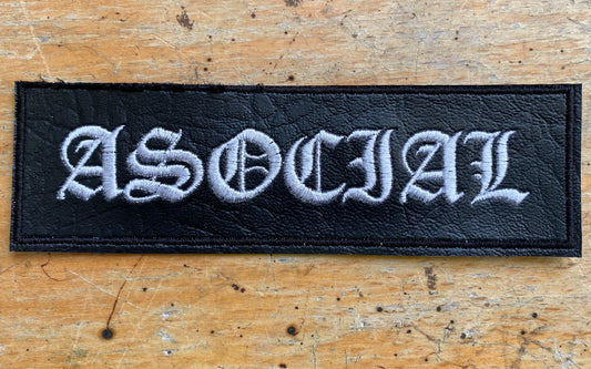 Asocial logo on faux leather patch in black
