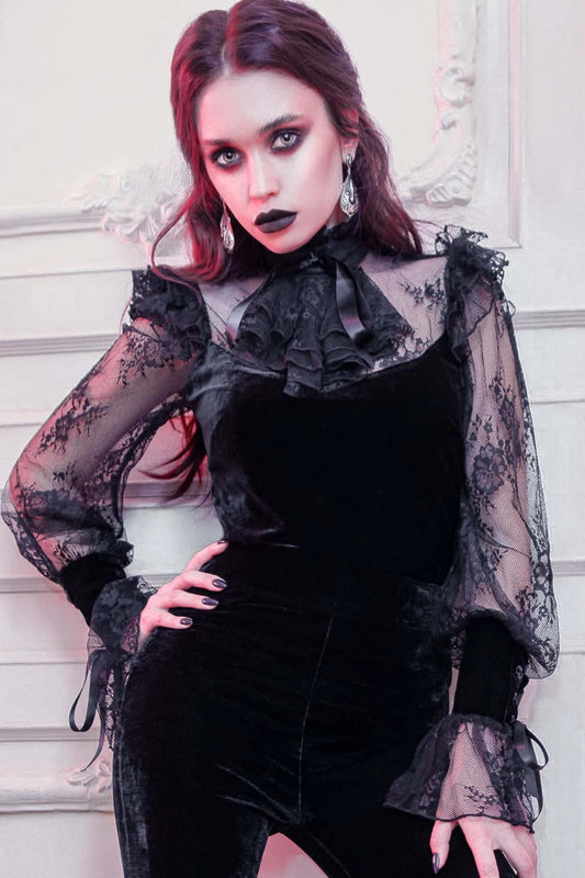 Amber lace top by Killstar worn by a model, front