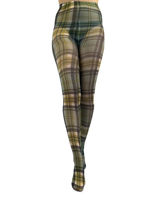 Green Tartan Printed Tights - One Size - Pamela Mann