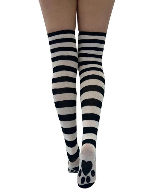 Over The Knee Striped Socks With Paw Print - One Size - Pamela Mann