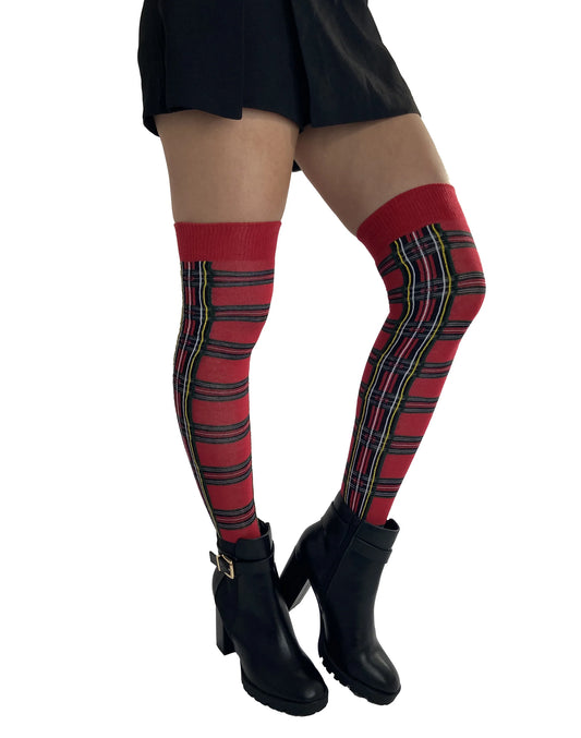 Over The Knee Socks Tartan Red - One Size - Pamela Mann