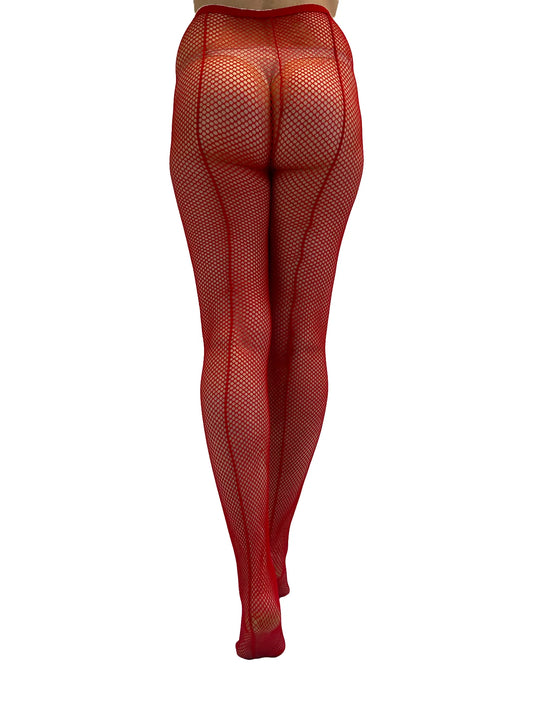 Red Fishnet Tights With Backseam - One Size - Pamela Mann