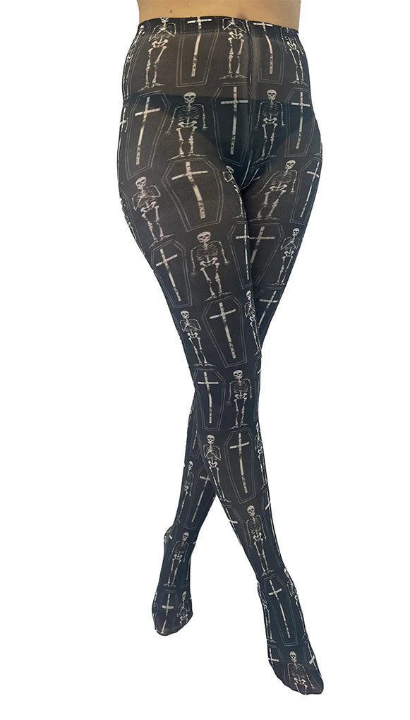 Coffin Skeletons Printed Tights - One Size - Pamela Mann