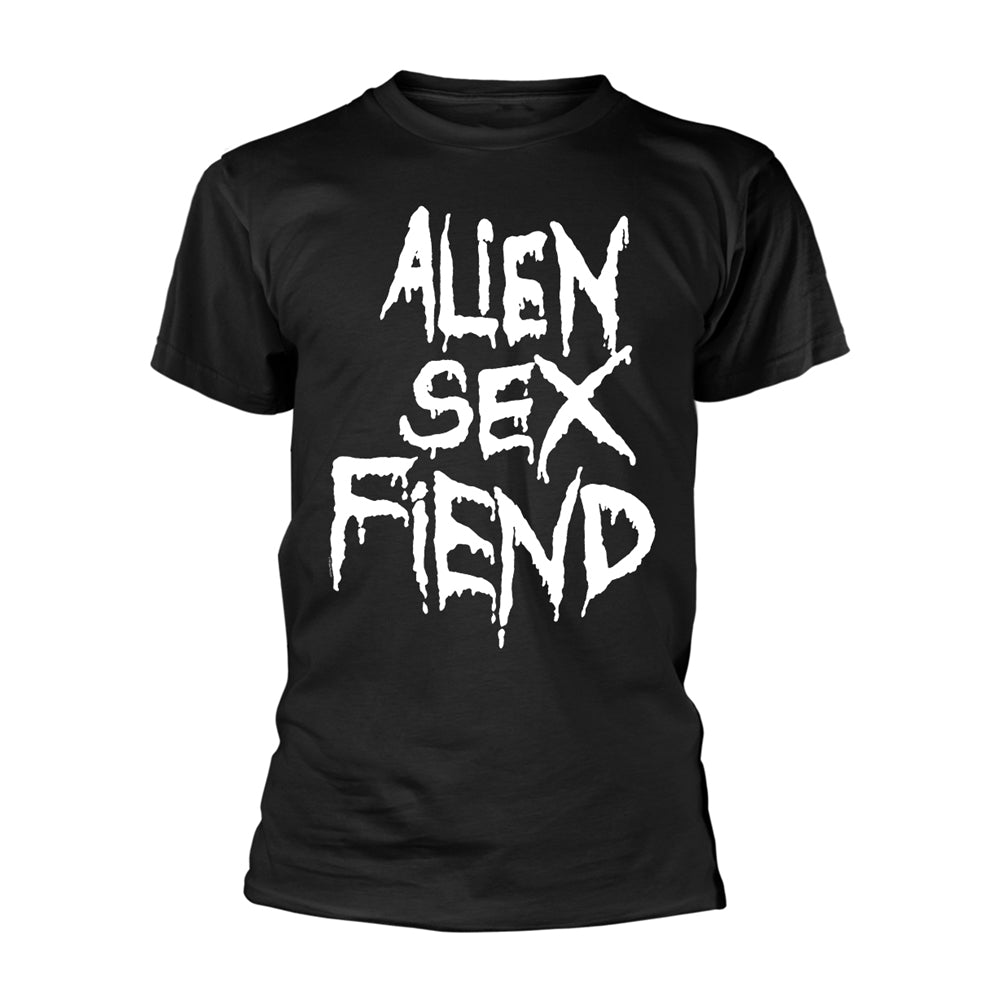Alien Sex Fiend logo on black t-shirt, front