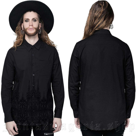 Alexei shirt by Killstar worn by a male model, front and back